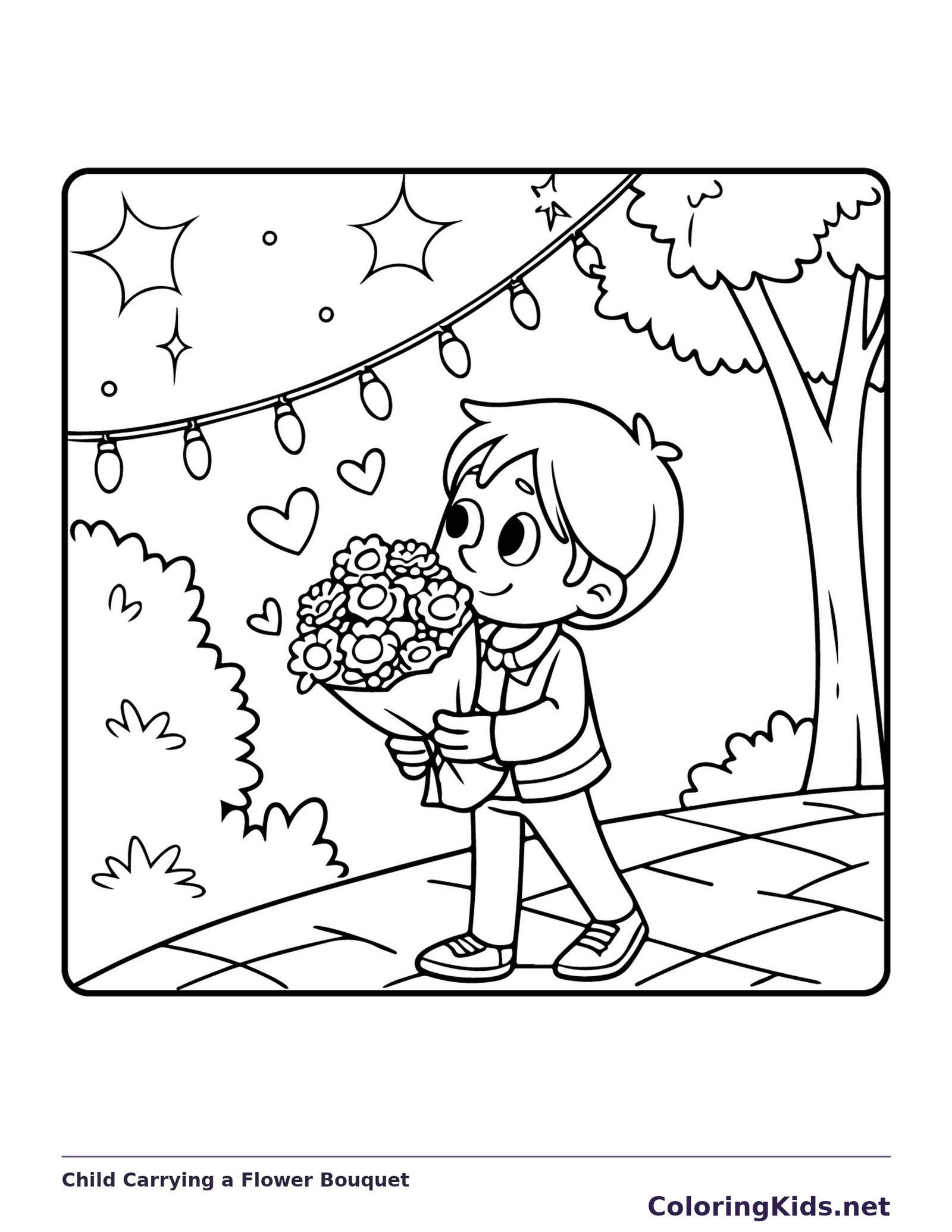 Child Carrying a Flower Bouquet printable coloring page showing a child walks along a path holding a clustered bouquet beneath string lights in black and white outlines