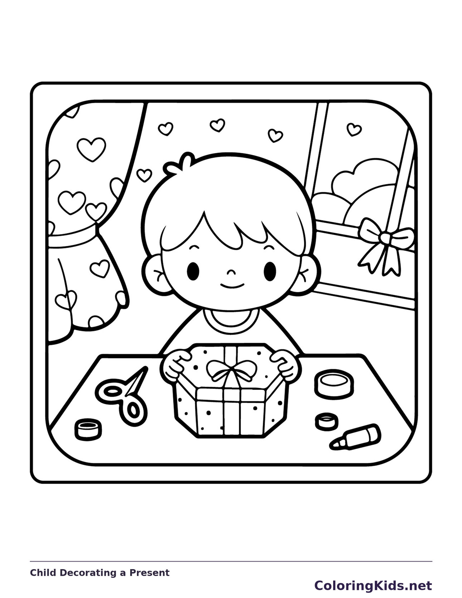Child Decorating a Present printable coloring page showing a child works on a wrapped present at a craft table with ribbon and scissors in black and white outlines