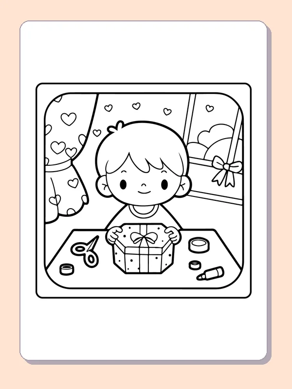 Child Decorating a Present printable coloring page showing a child works on a wrapped present at a craft table with ribbon and scissors in black and white outlines