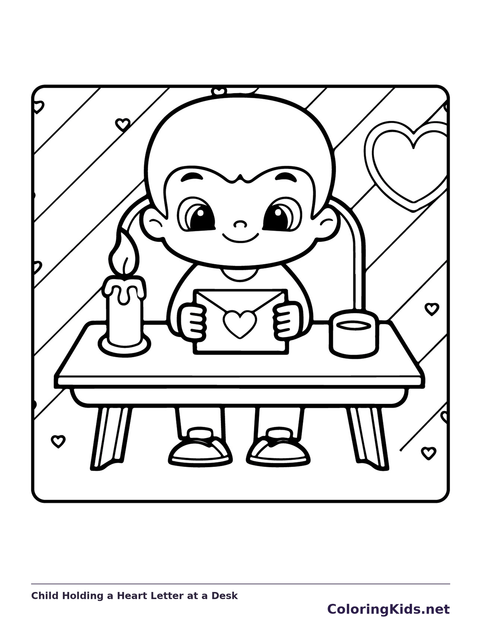 Child Holding a Heart Letter at a Desk printable coloring page showing a child holds an envelope sealed with a heart at a desk beside a candle in black and white outlines