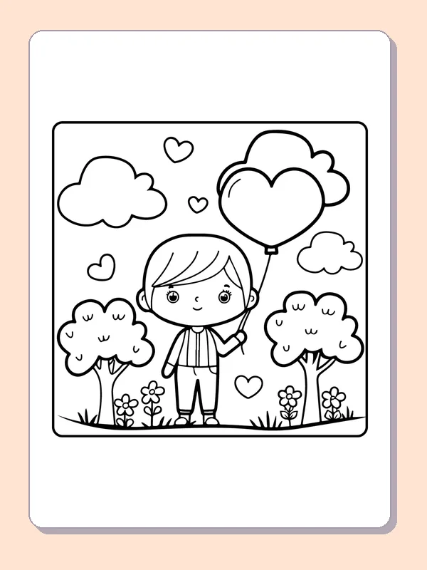 Child Holding a Heart Balloon in a Garden printable coloring page showing a child holds one large heart balloon between two rounded trees in black and white outlines
