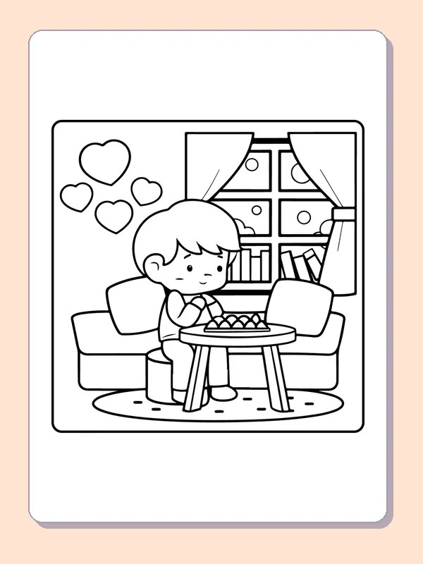 Child Making a Gift at Home printable coloring page showing a child sits at a table preparing a small gift with books and heart decorations nearby in black and white outlines