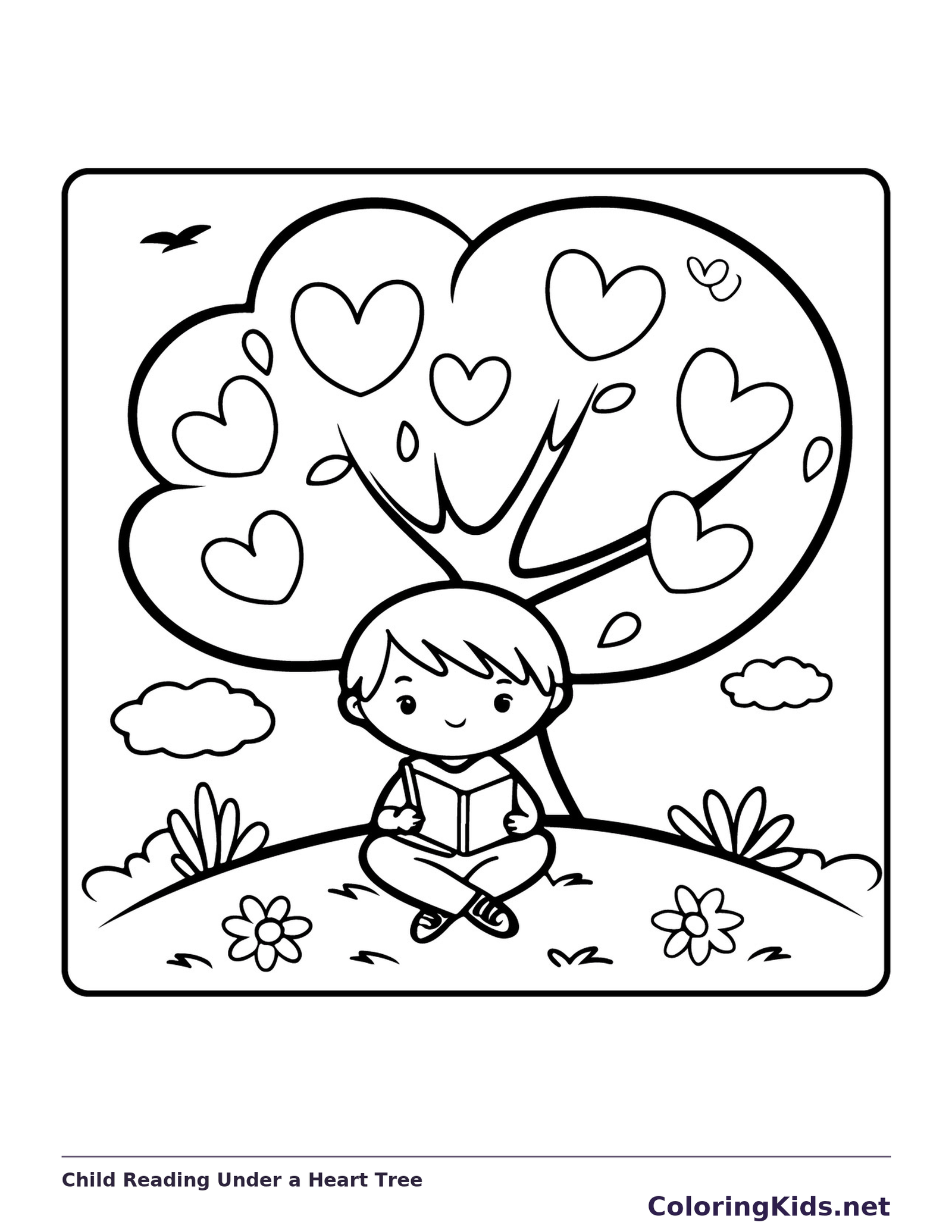 Child Reading Under a Heart Tree printable coloring page showing a child reads beneath a tree whose leaves are large hearts in black and white outlines