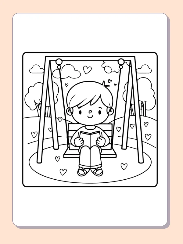 Child Reading on a Heart Swing printable coloring page showing a child reads while sitting on a garden swing decorated with hearts in black and white outlines