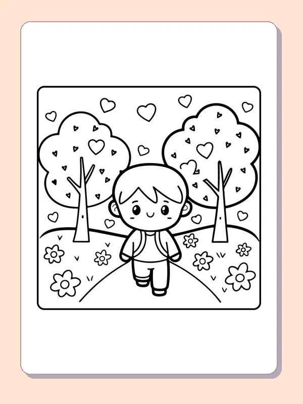 Child Walking Between Heart Trees printable coloring page showing a child walks down a path between two trees with heart-shaped leaves in black and white outlines