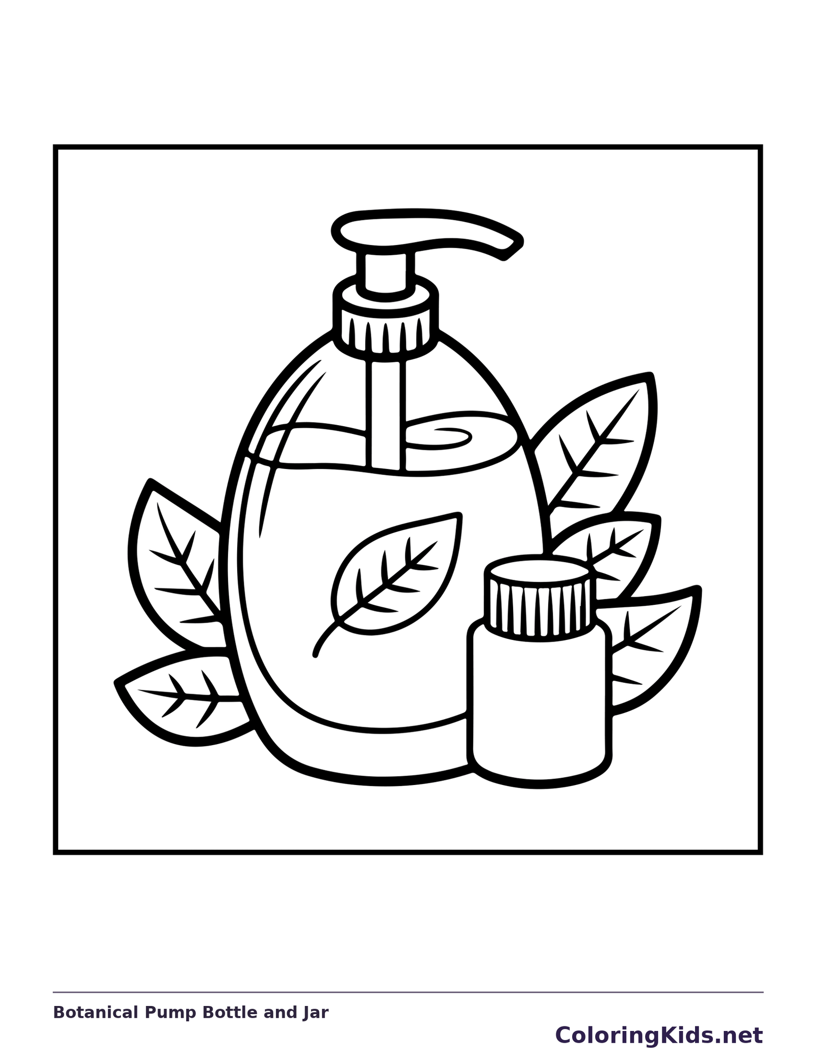 Pump lotion bottle with leaf design beside a jar and leaves