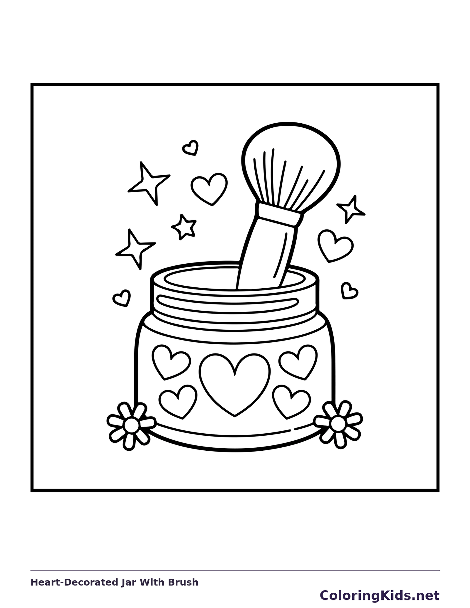 Makeup brush in a jar covered with hearts and tiny flowers