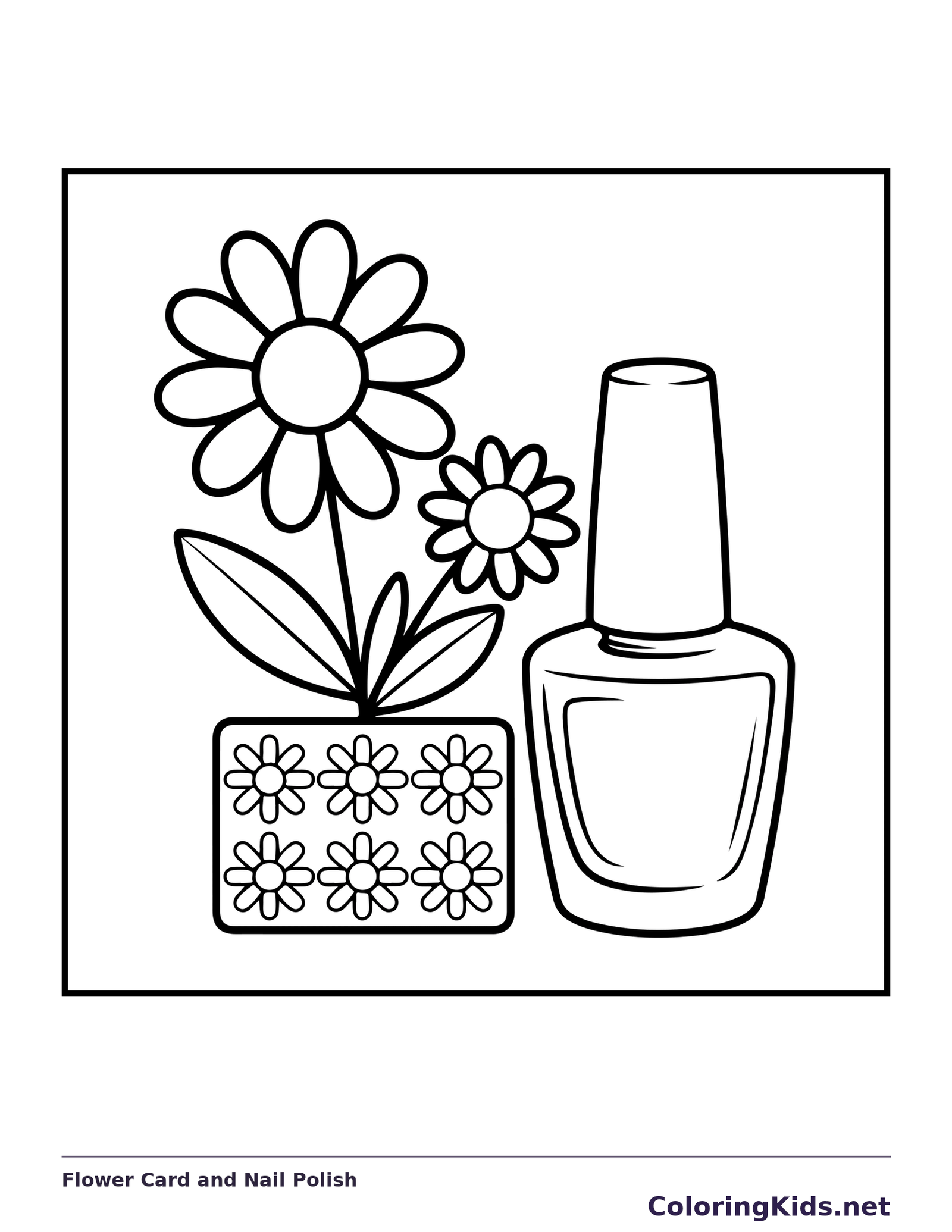 Nail polish bottle beside a flower-patterned card and blossoms