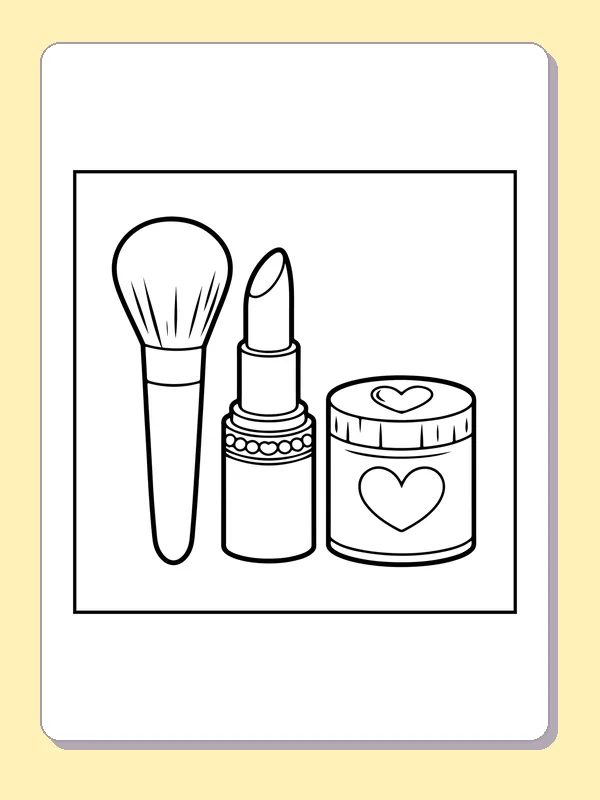 Upright lipstick, makeup brush and small jar with heart label