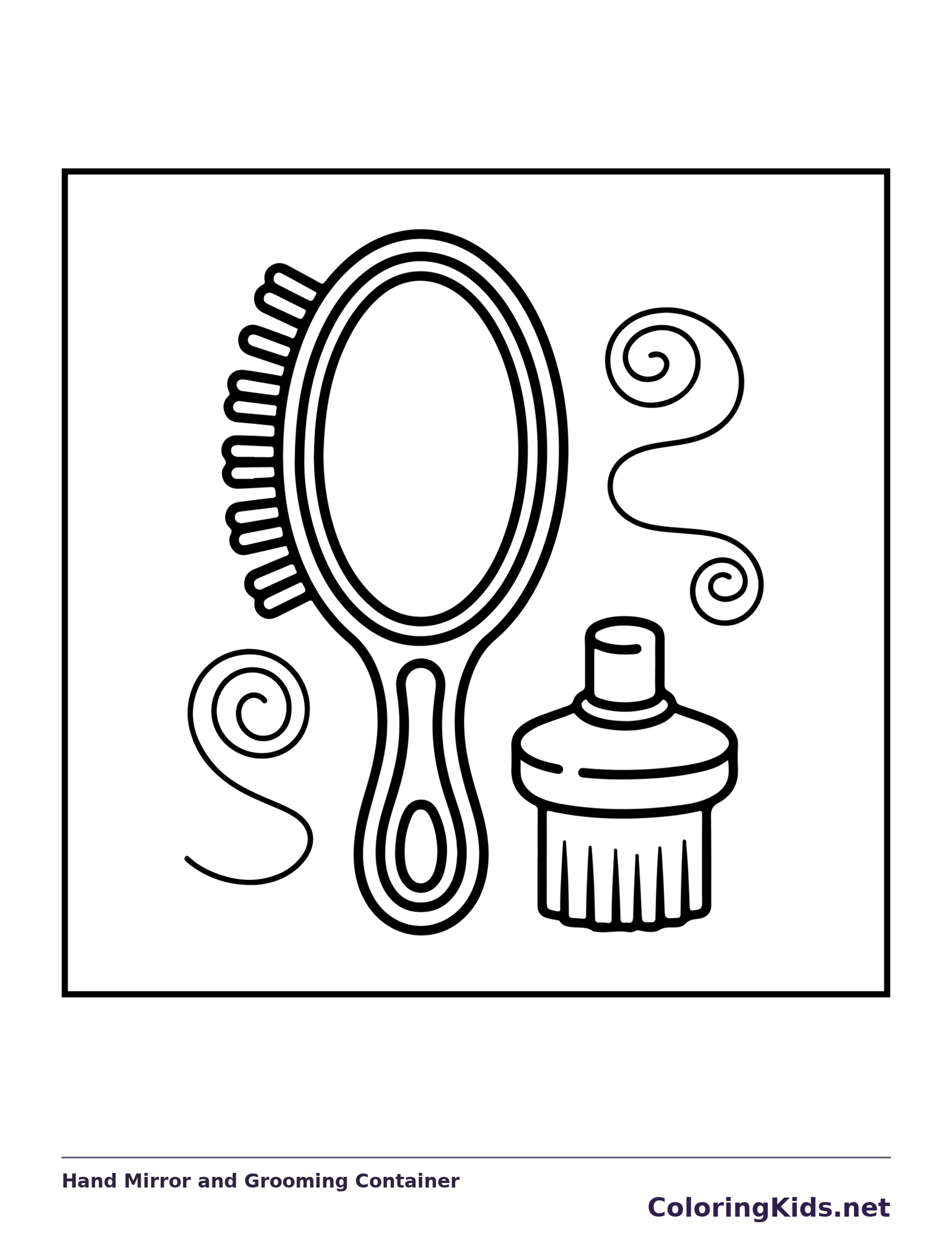 Hand mirror with curled decorative lines beside a small container