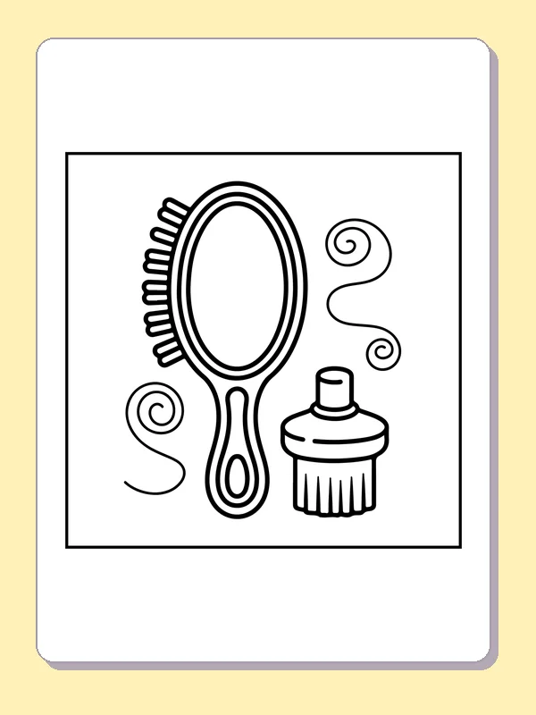 Hand mirror with curled decorative lines beside a small container