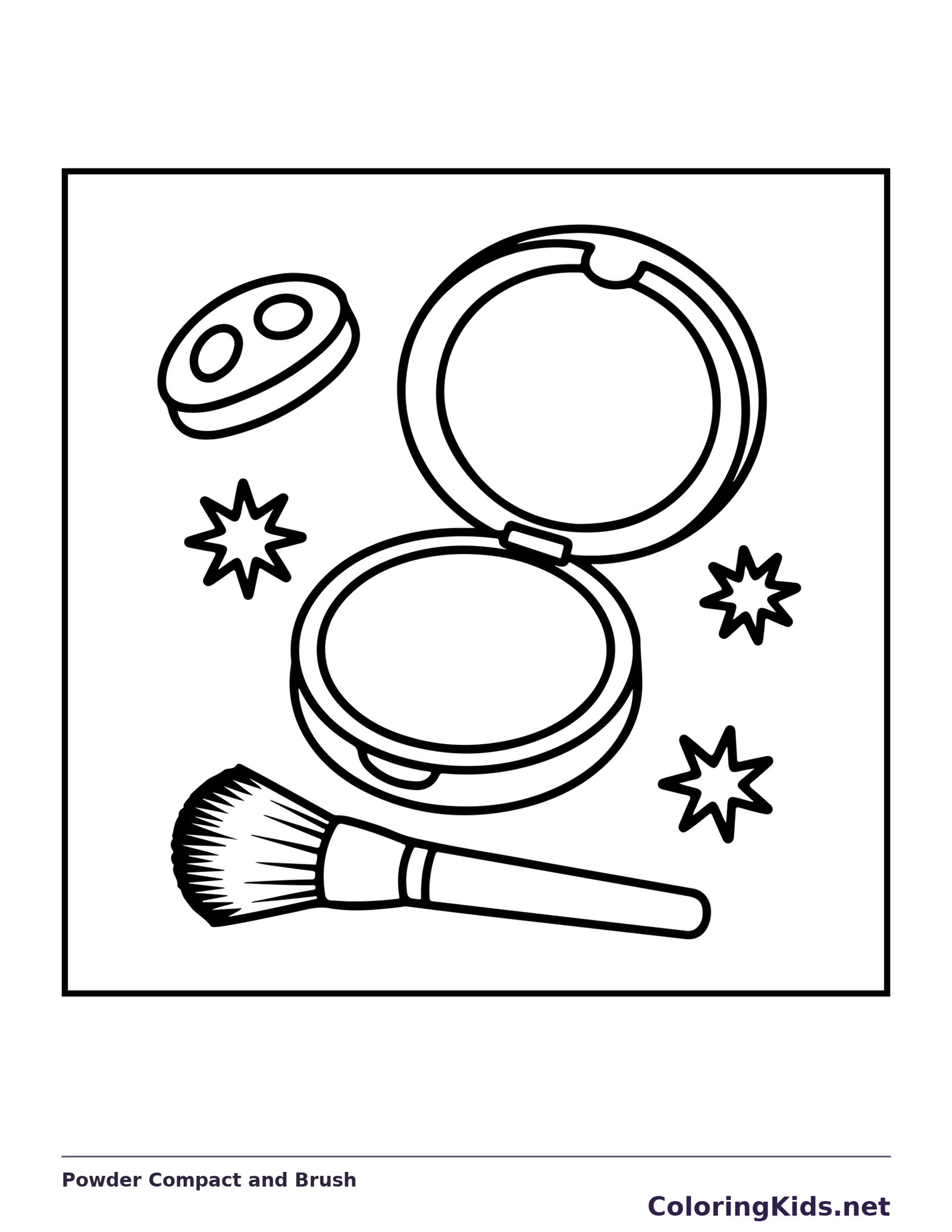 Open round powder compact beside a wide makeup brush and sparkles
