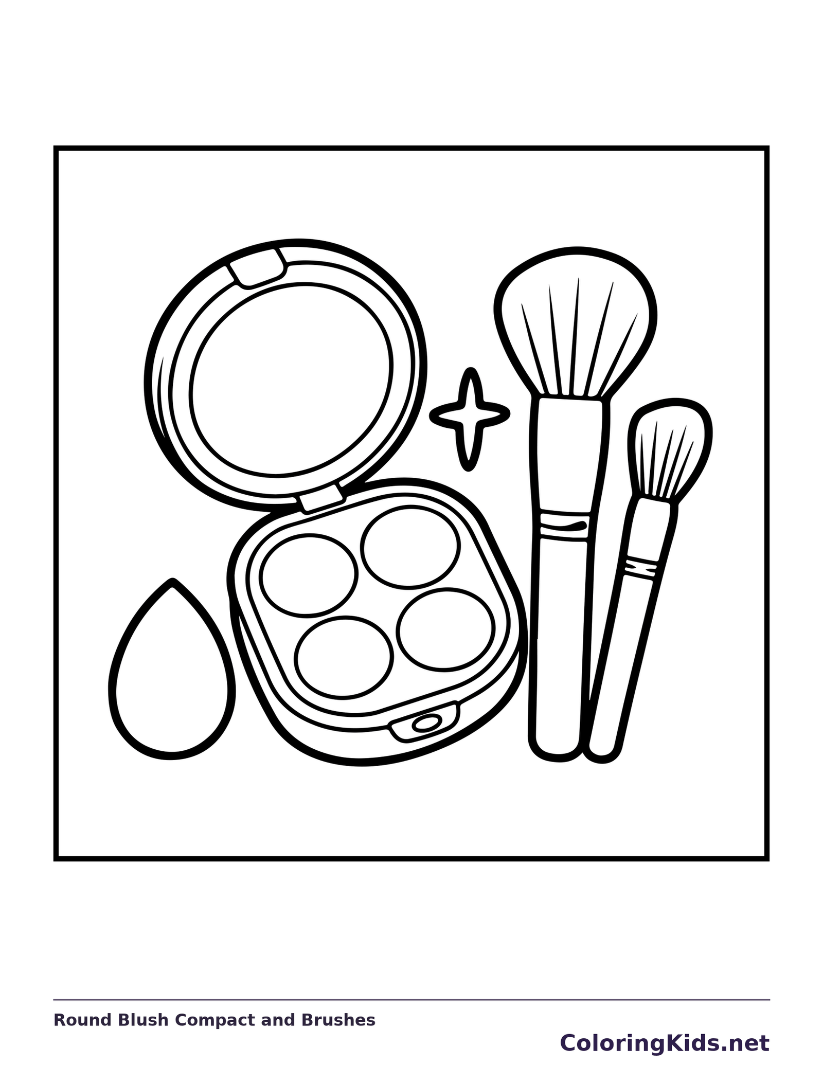 Open round blush compact with four pans and two makeup brushes
