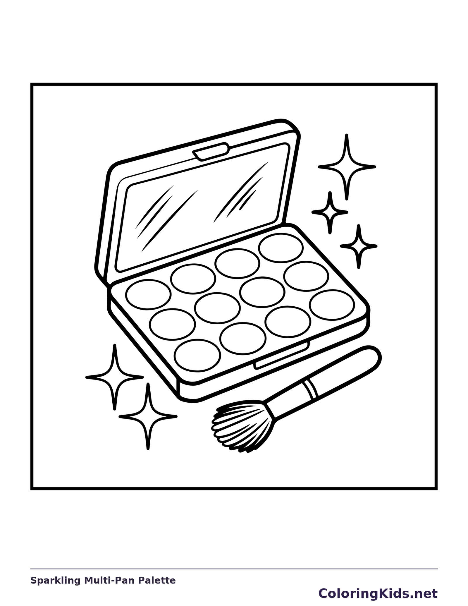 Open makeup palette with many circular pans and a small brush