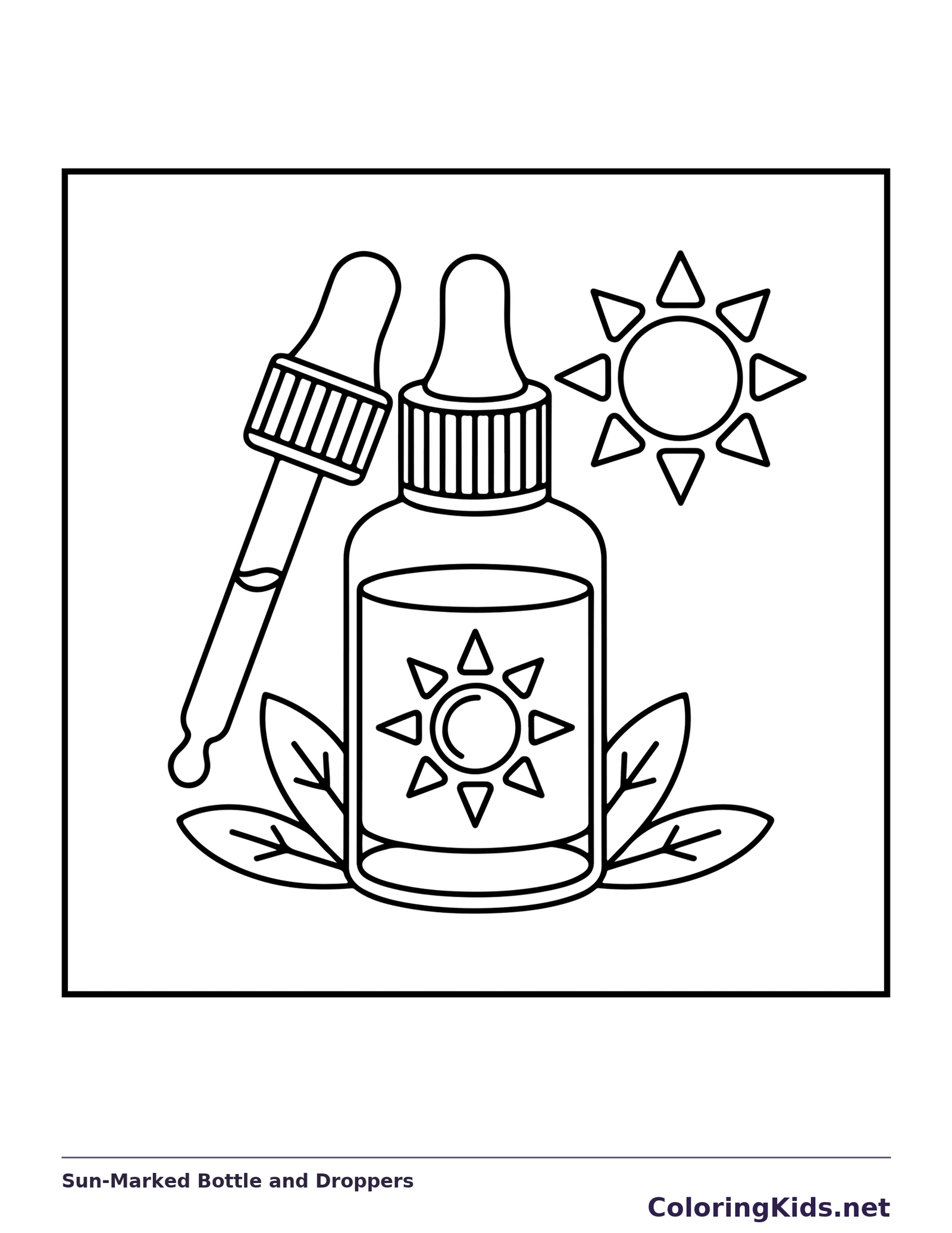 Bottle with a sun symbol between two droppers and leaves