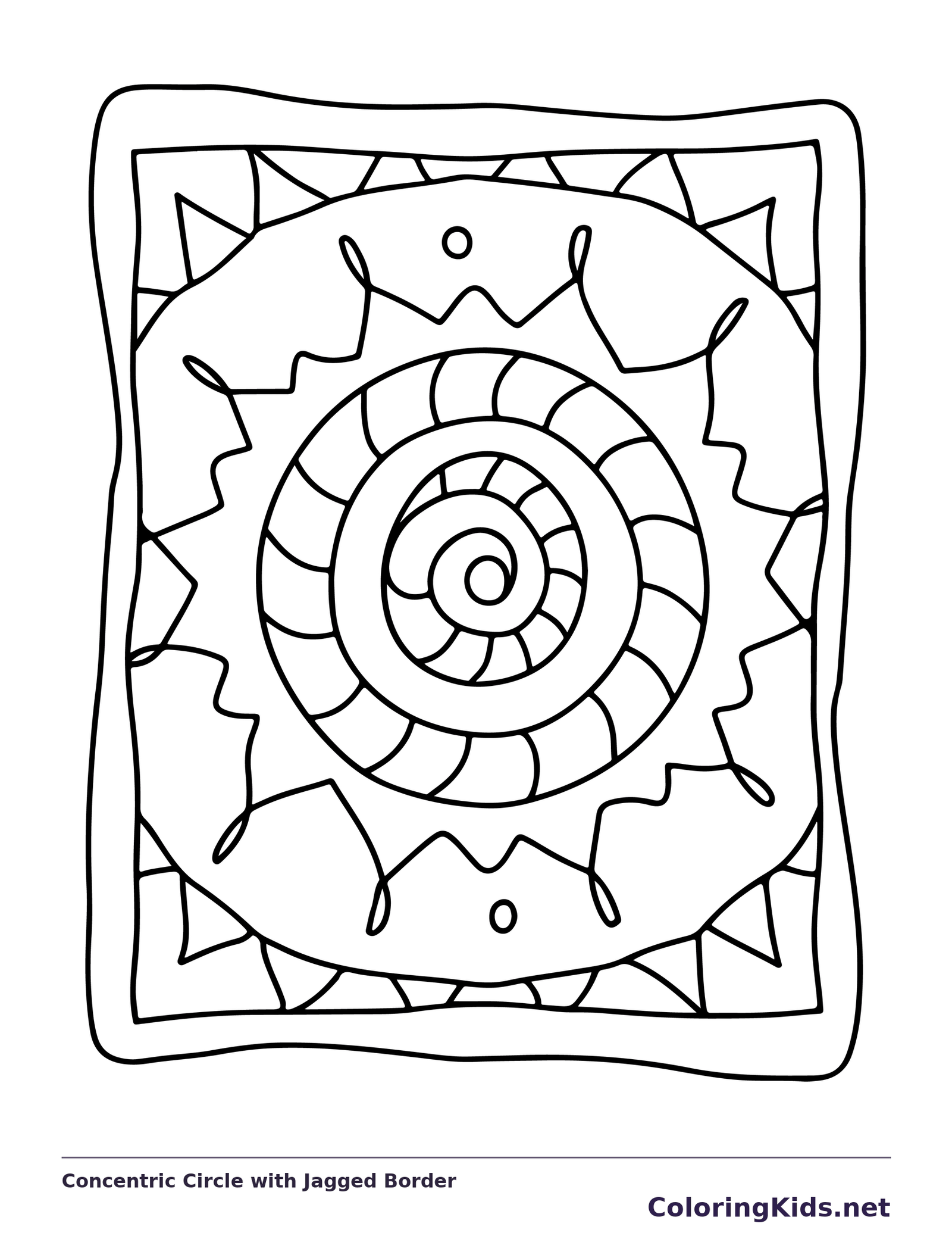 Black and white printable concentric circle with jagged border coloring sheet