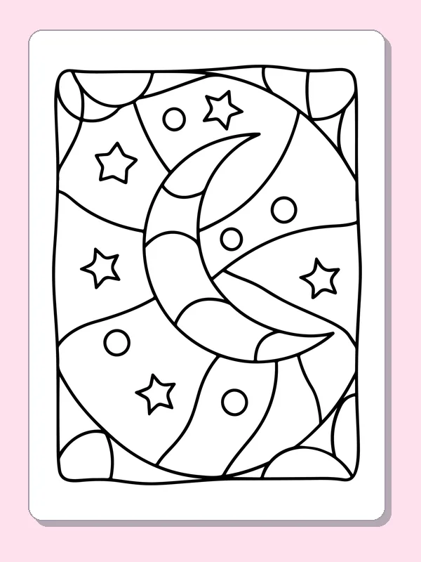 Black and white printable crescent moon with scattered stars coloring sheet