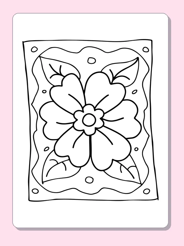 Black and white printable five-petal flower in a wavy frame coloring sheet