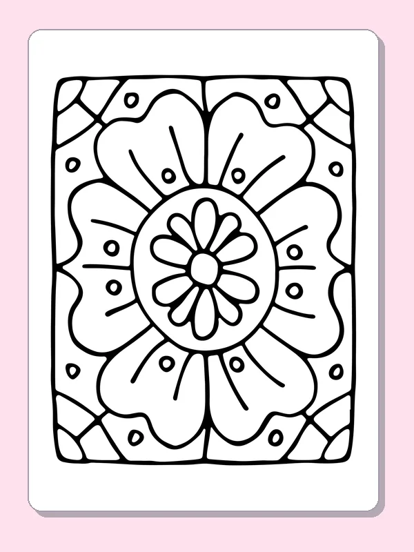 Black and white printable flower medallion with broad petals coloring sheet