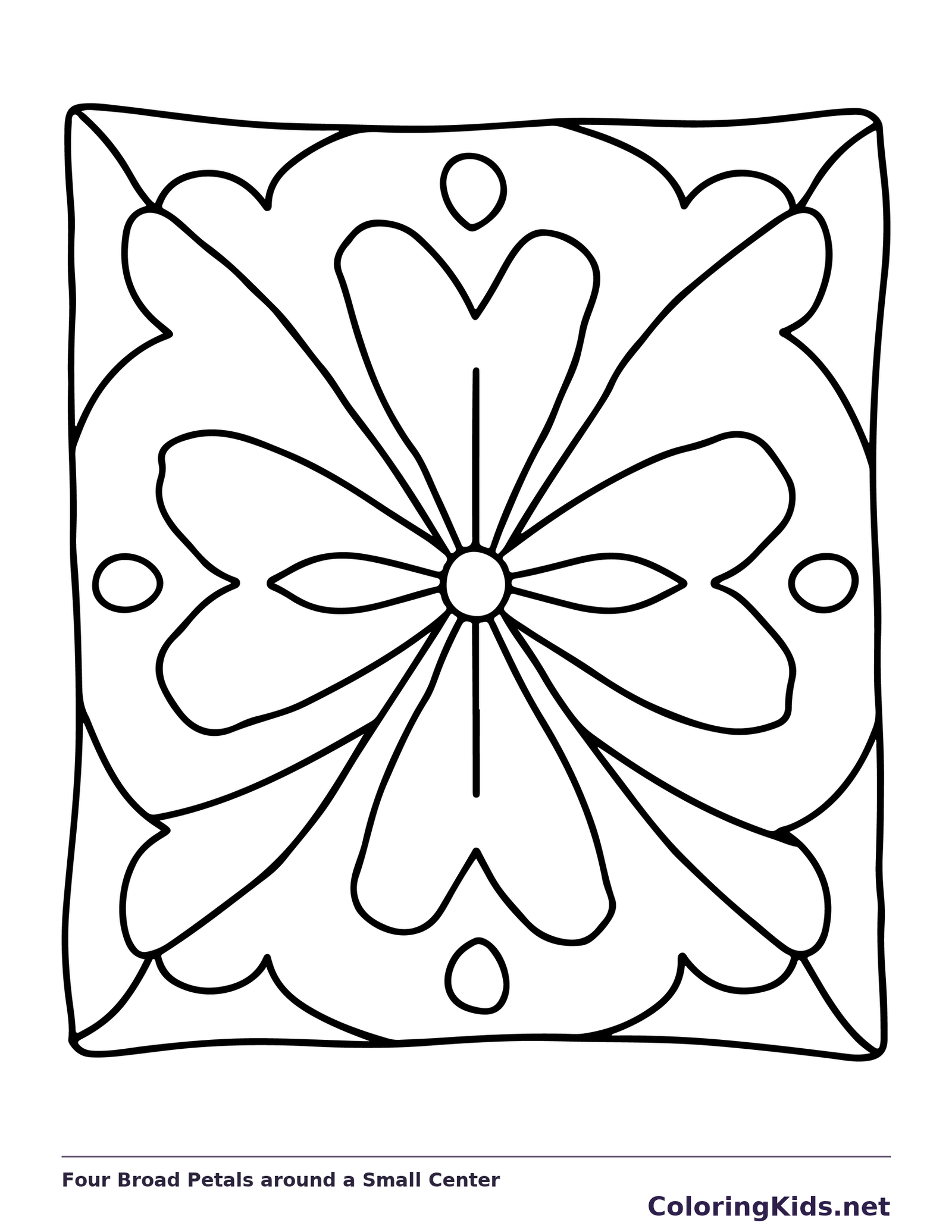 Black and white printable four broad petals around a small center coloring sheet
