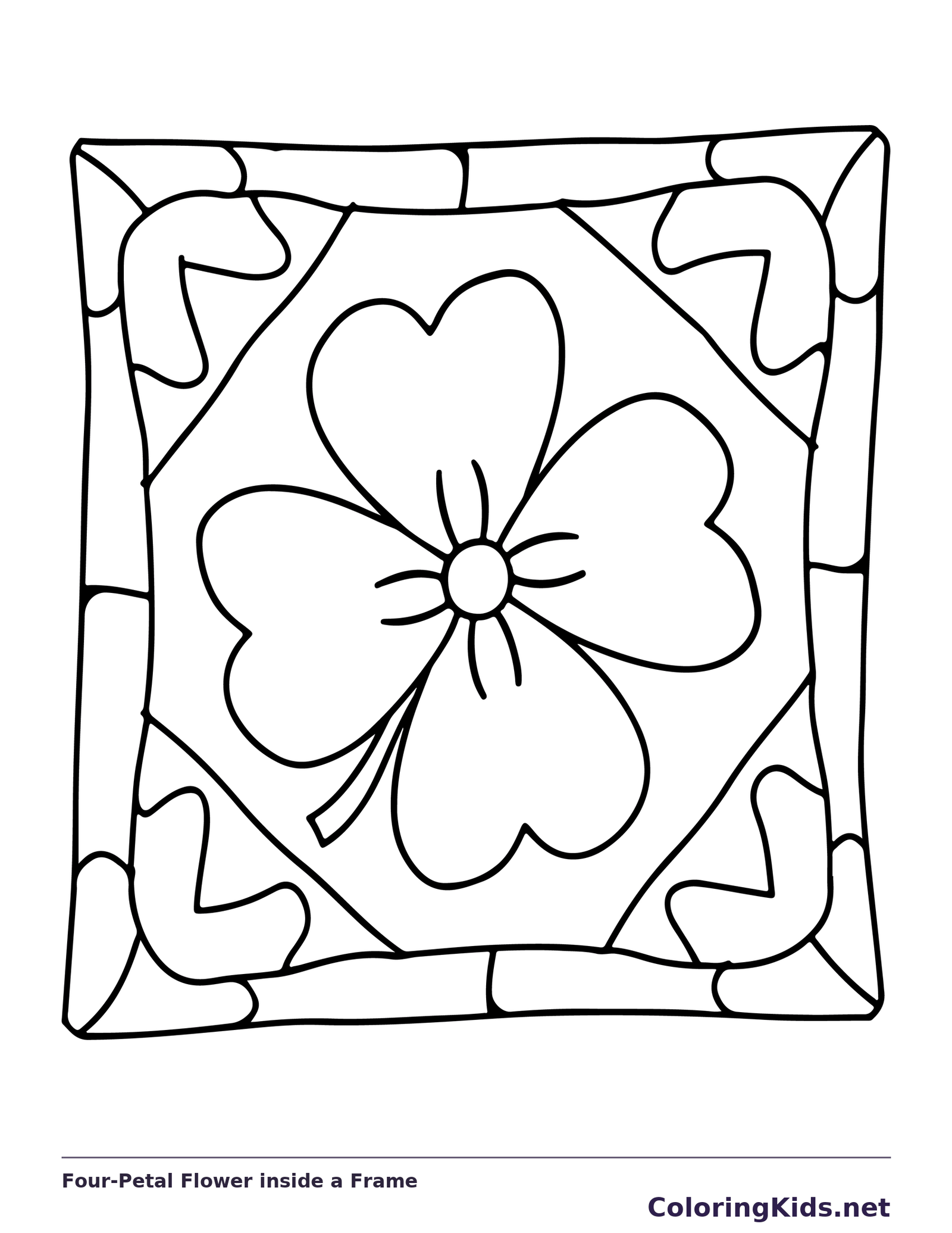 Black and white printable four-petal flower inside a frame coloring sheet