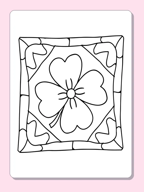 Black and white printable four-petal flower inside a frame coloring sheet