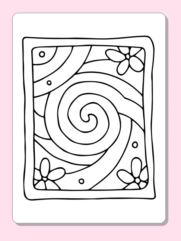 Black and white printable garden spiral with corner blossoms coloring sheet