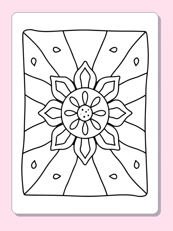 Black and white printable layered daisy with radiating lines coloring sheet