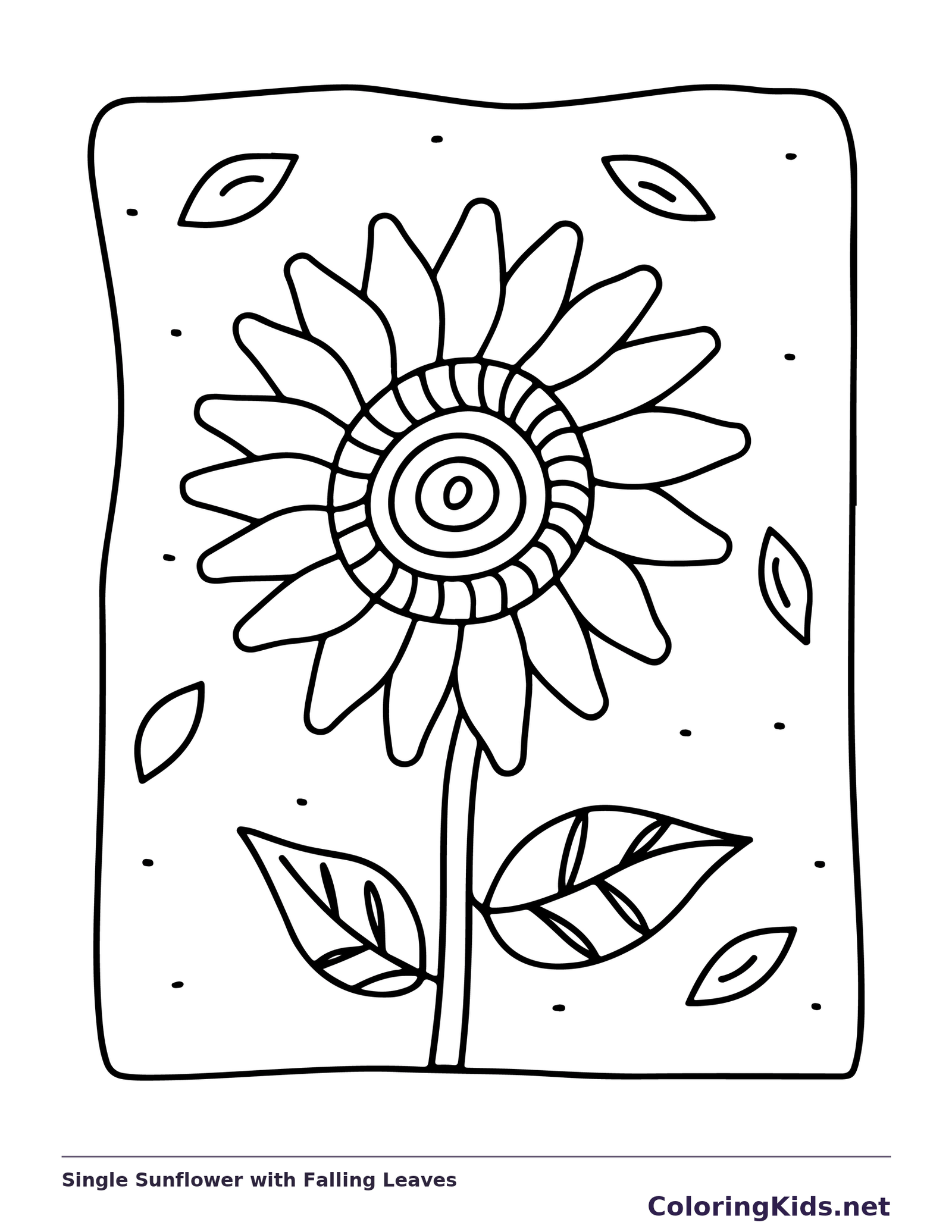 Black and white printable single sunflower with falling leaves coloring sheet
