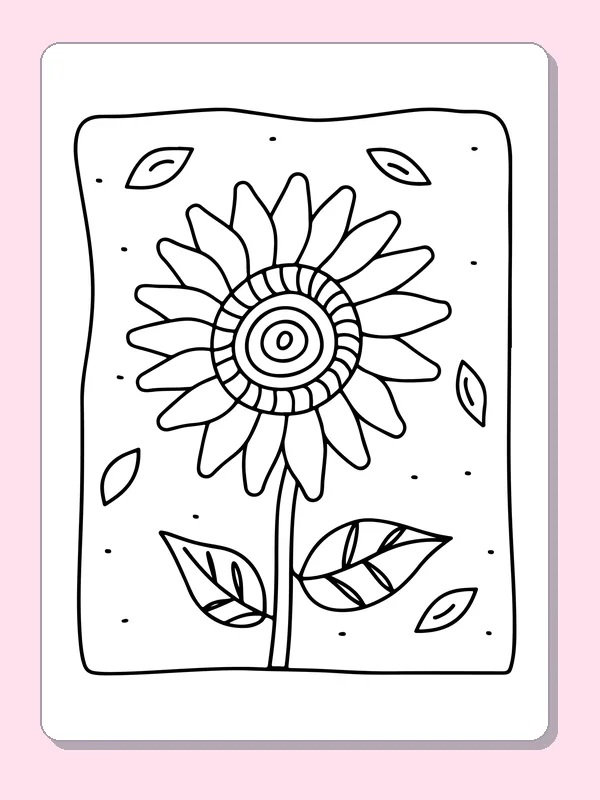 Black and white printable single sunflower with falling leaves coloring sheet