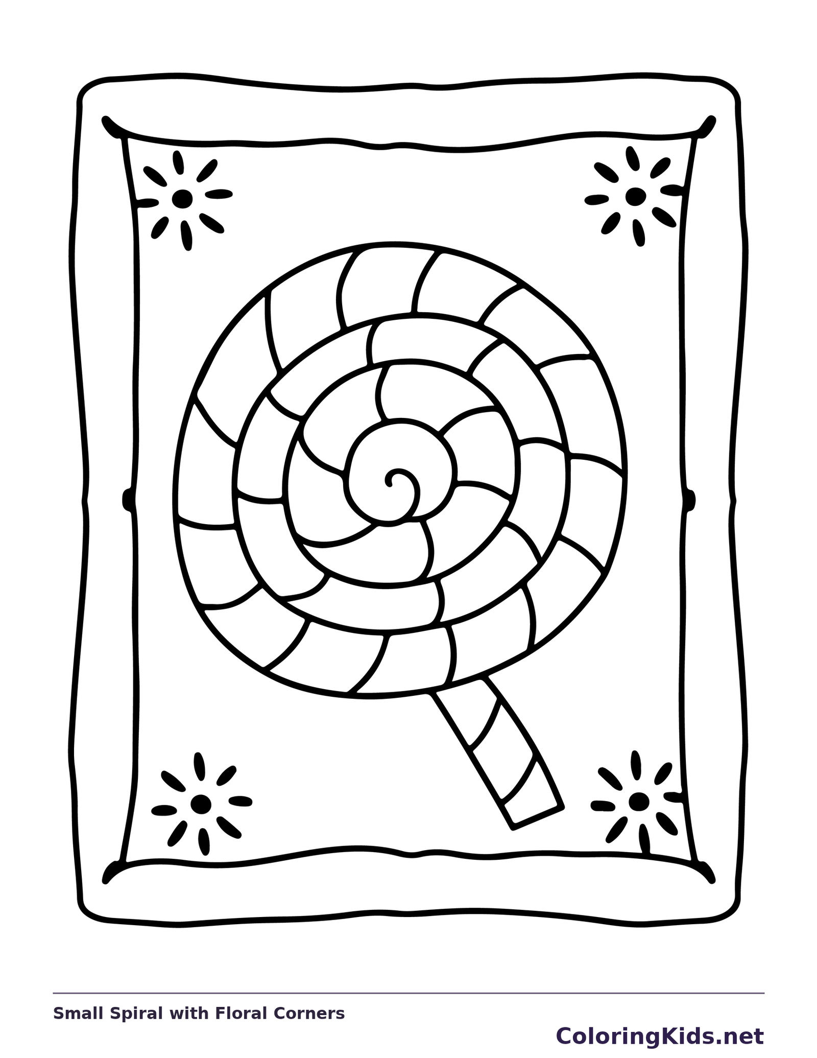 Black and white printable small spiral with floral corners coloring sheet