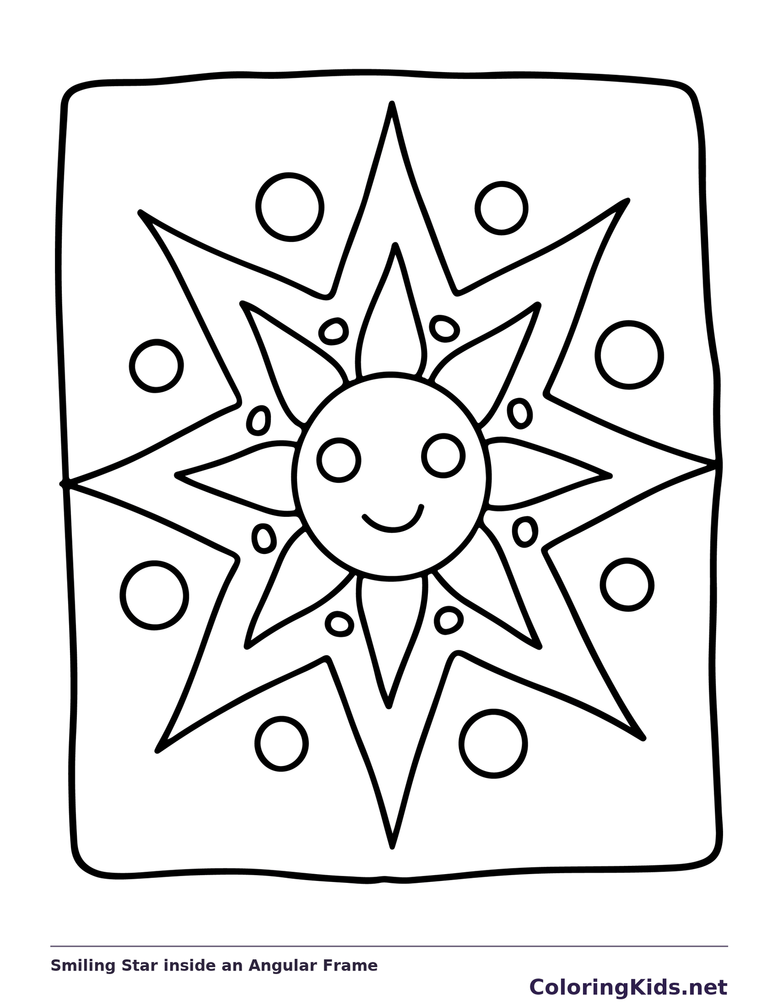 Black and white printable smiling star inside an angular frame coloring sheet