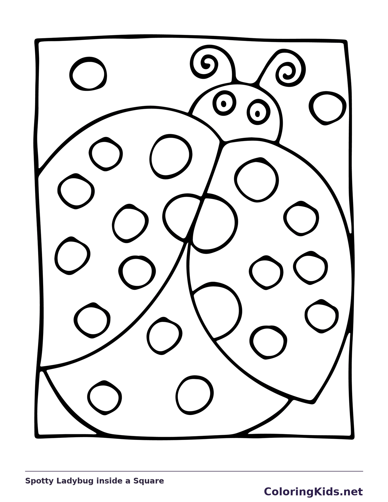 Black and white printable spotty ladybug inside a square coloring sheet