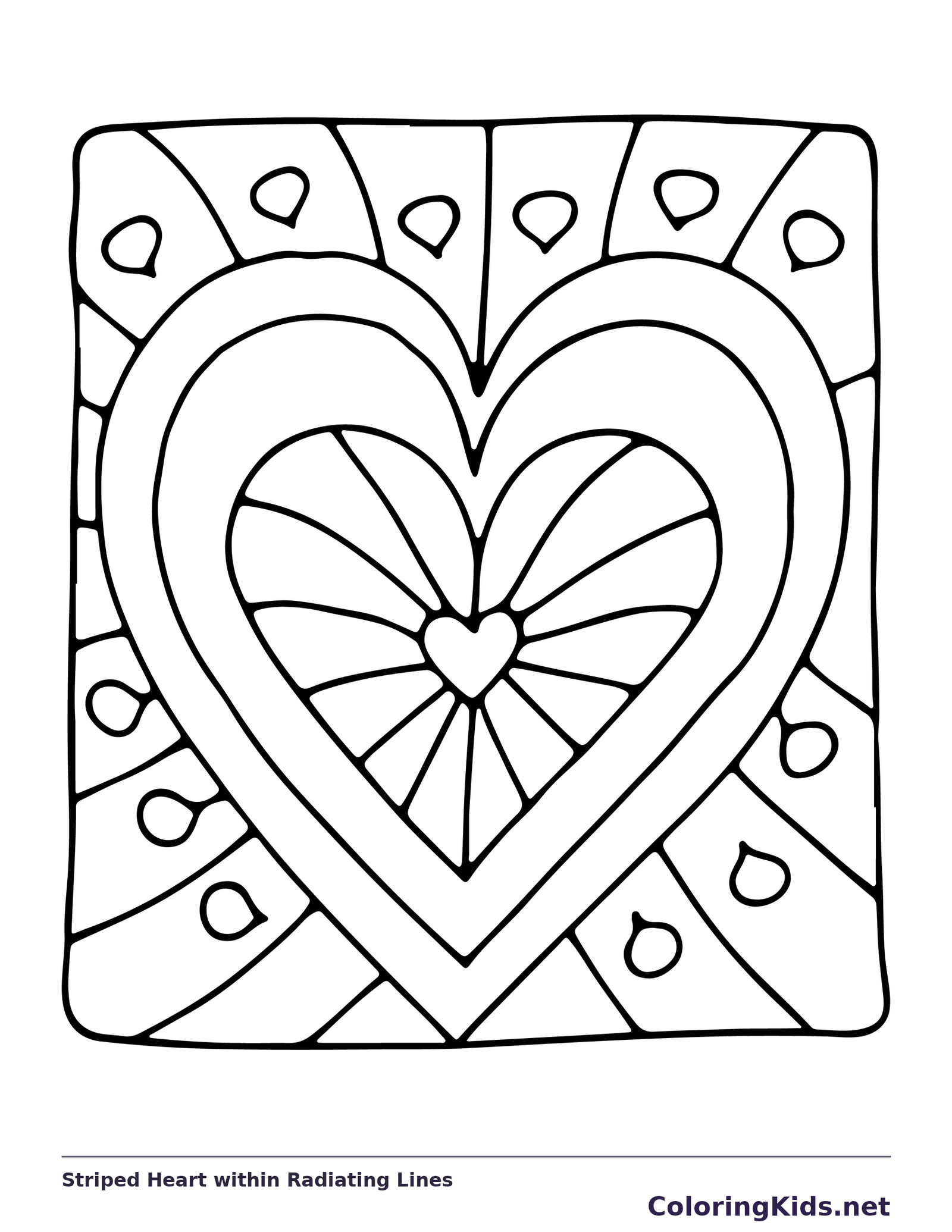 Black and white printable striped heart within radiating lines coloring sheet
