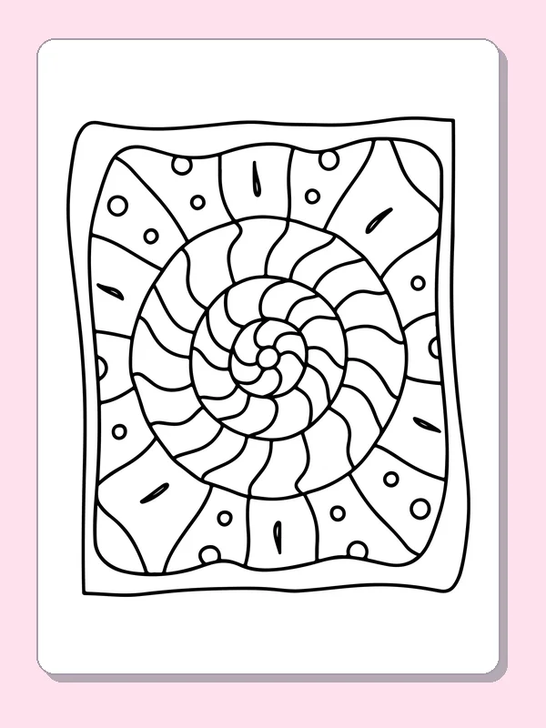 Black and white printable striped spiral inside a frame coloring sheet