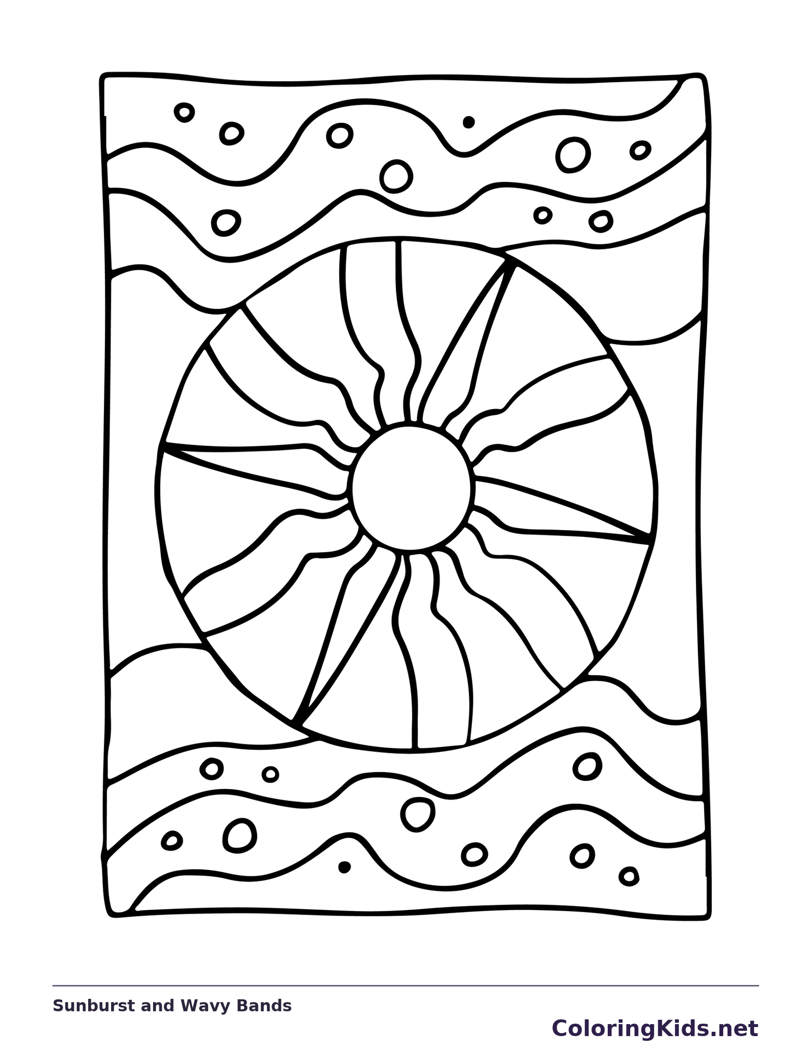 Black and white printable sunburst and wavy bands coloring sheet