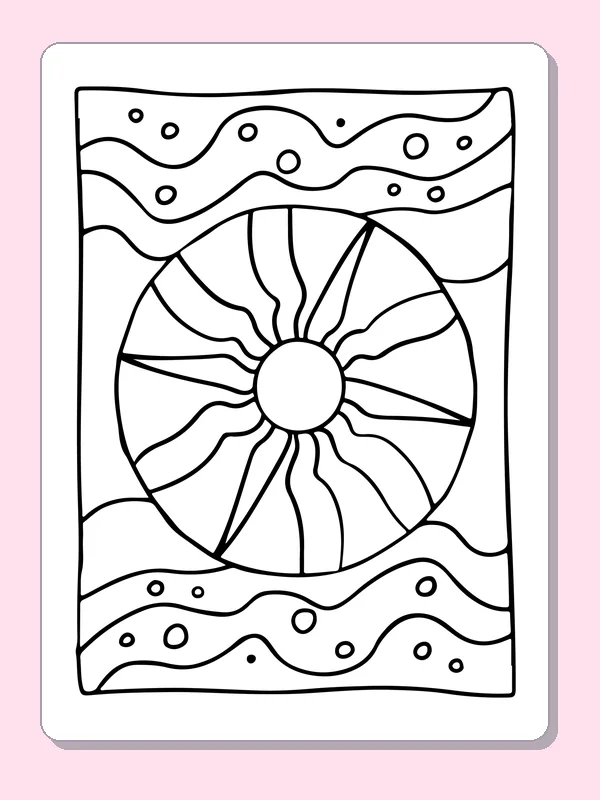 Black and white printable sunburst and wavy bands coloring sheet