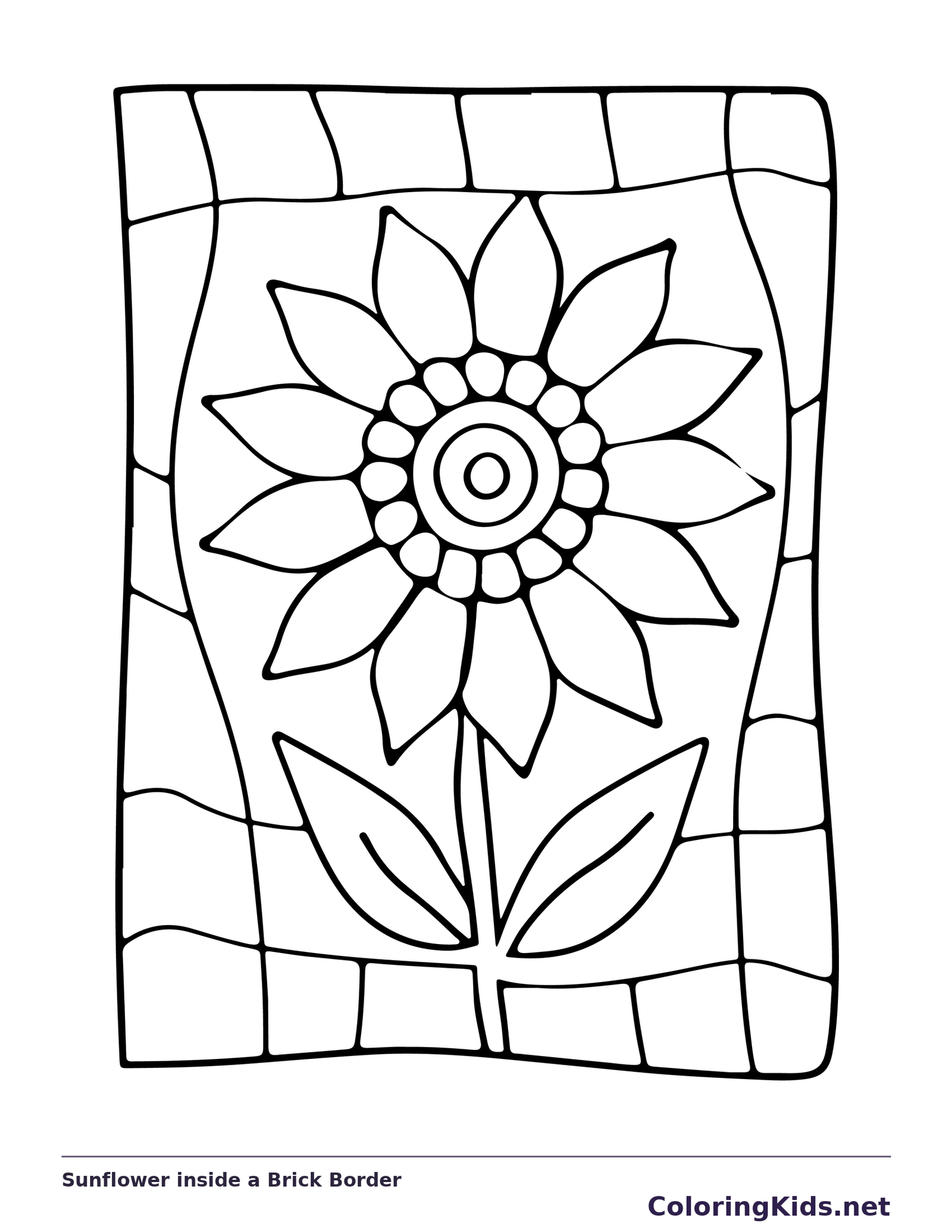 Black and white printable sunflower inside a brick border coloring sheet