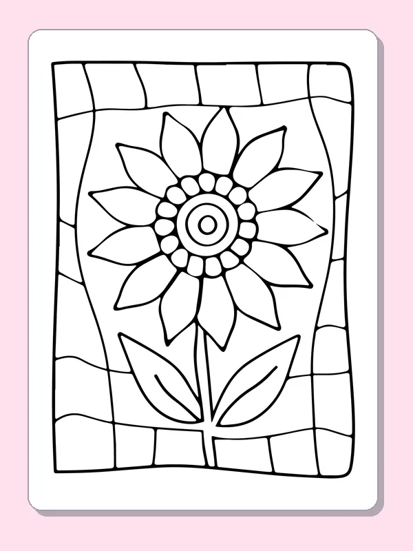 Black and white printable sunflower inside a brick border coloring sheet