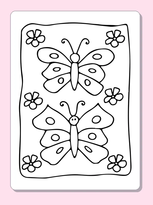 Black and white printable two butterflies with corner flowers coloring sheet