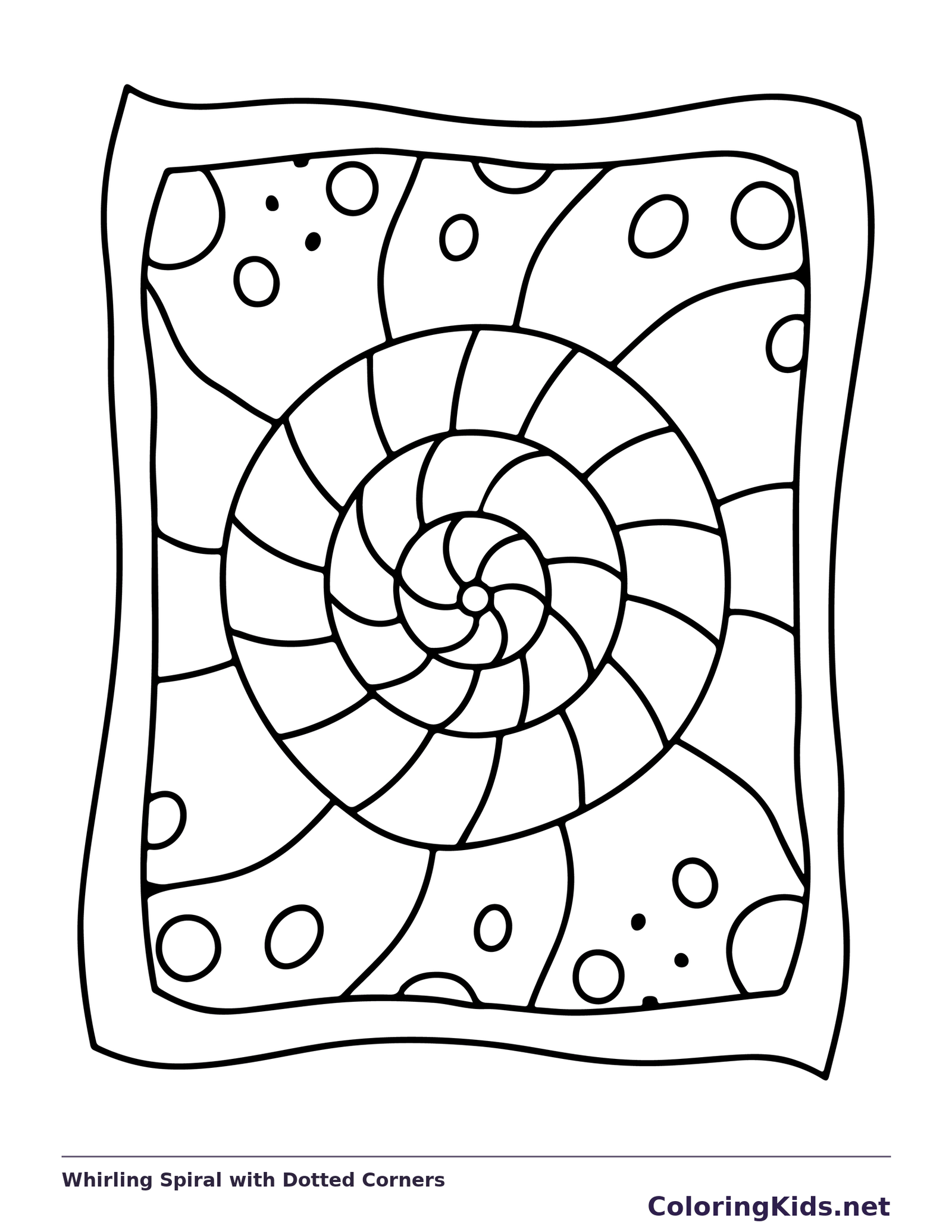 Black and white printable whirling spiral with dotted corners coloring sheet