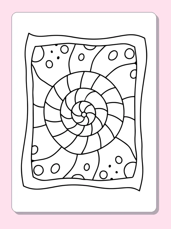 Black and white printable whirling spiral with dotted corners coloring sheet