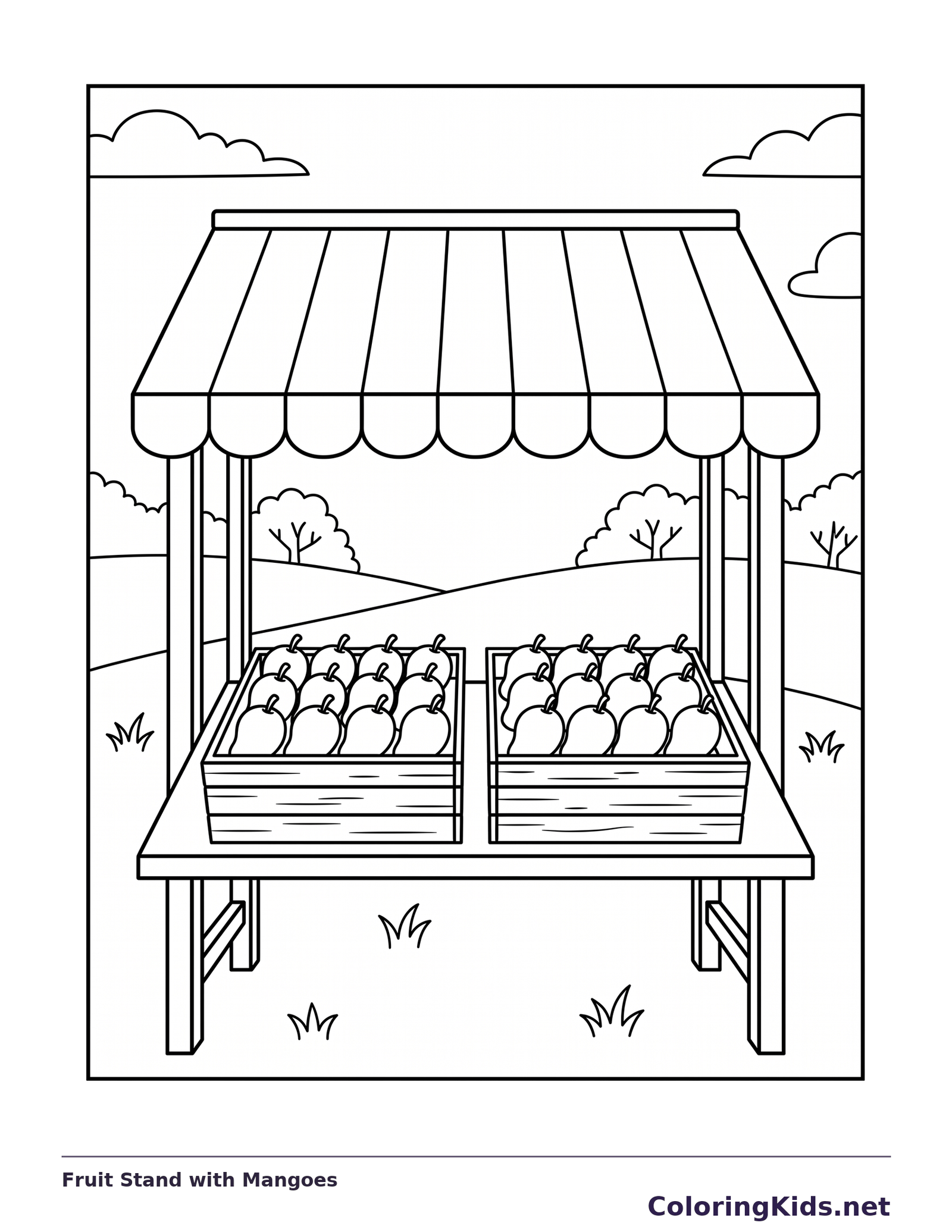 Outdoor fruit stand with striped awning and rows of mango-shaped fruit