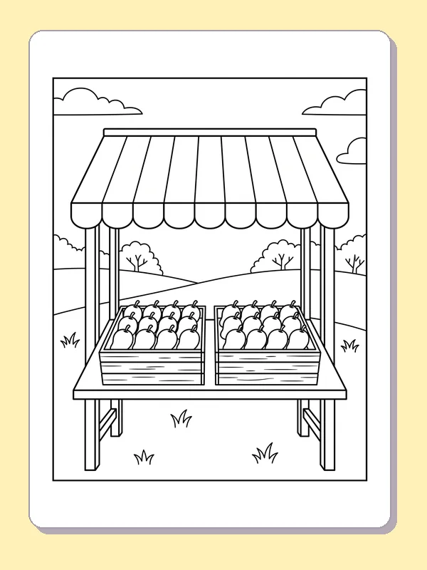 Outdoor fruit stand with striped awning and rows of mango-shaped fruit