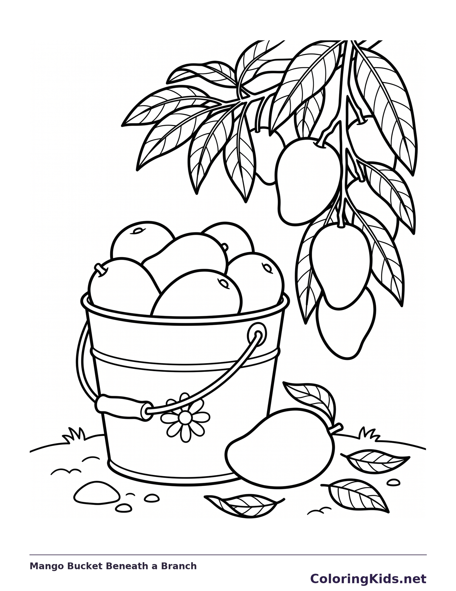Bucket full of mango-shaped fruit beneath a fruiting leafy branch