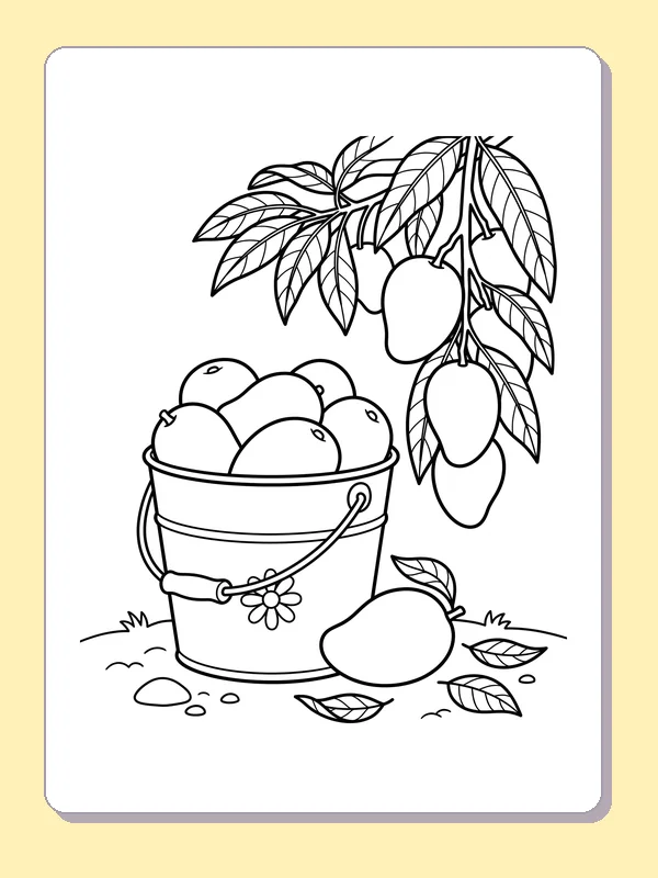Bucket full of mango-shaped fruit beneath a fruiting leafy branch