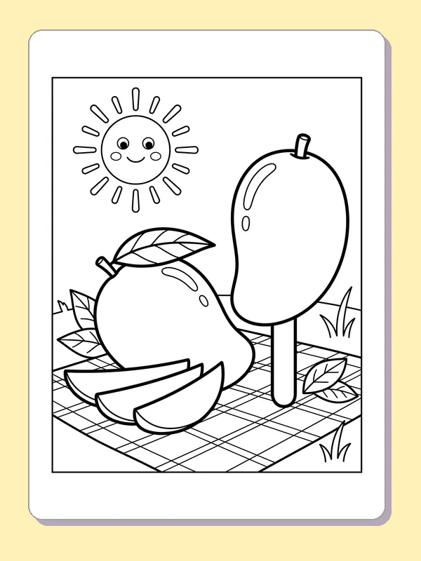 Fruit-shaped ice pop, whole fruit and wedges on checked cloth beneath sun