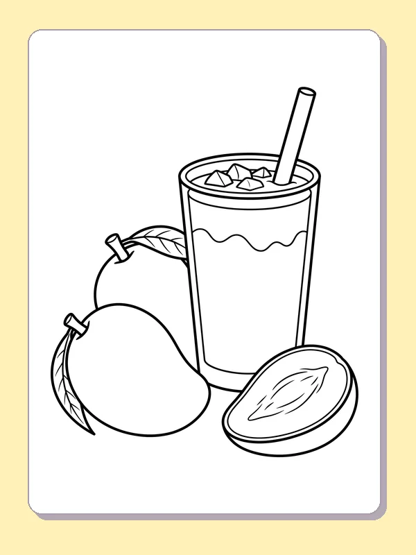 Tall fruit drink with straw next to whole and halved mango-shaped fruit
