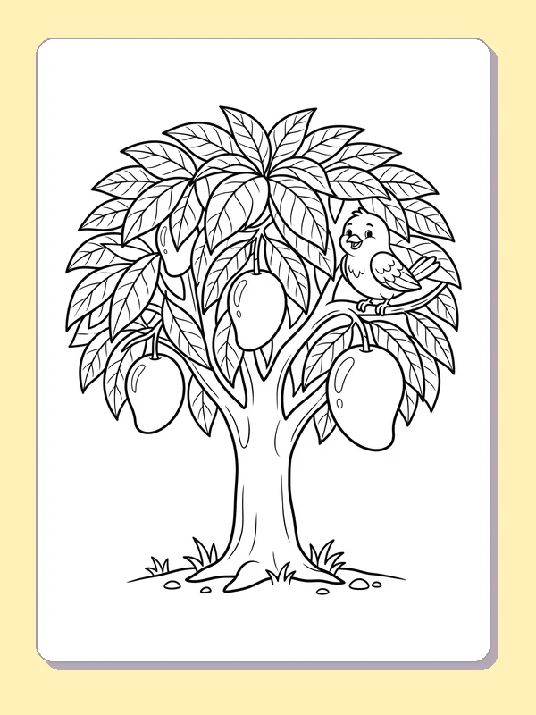 Leafy mango tree with three hanging fruits and a bird on a branch