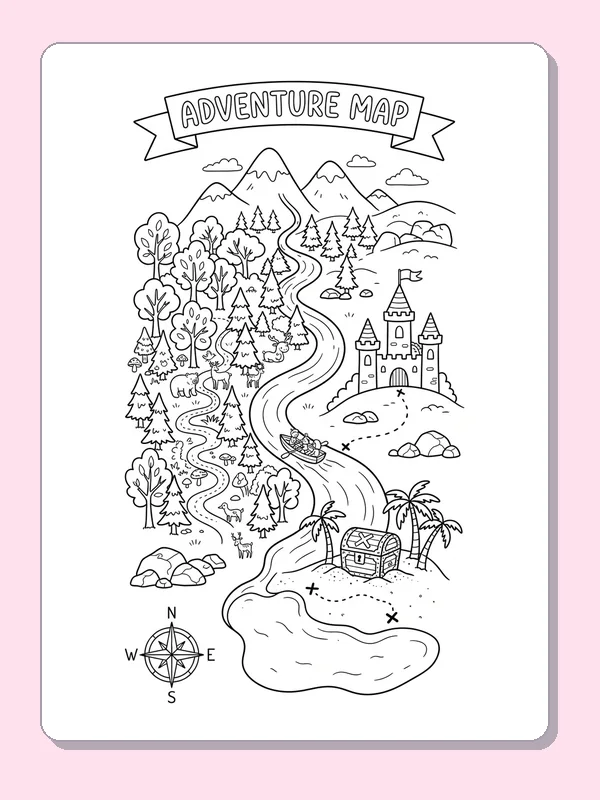 An adventure map tracing a river past pine trees, mountains and castle to buried treasure.